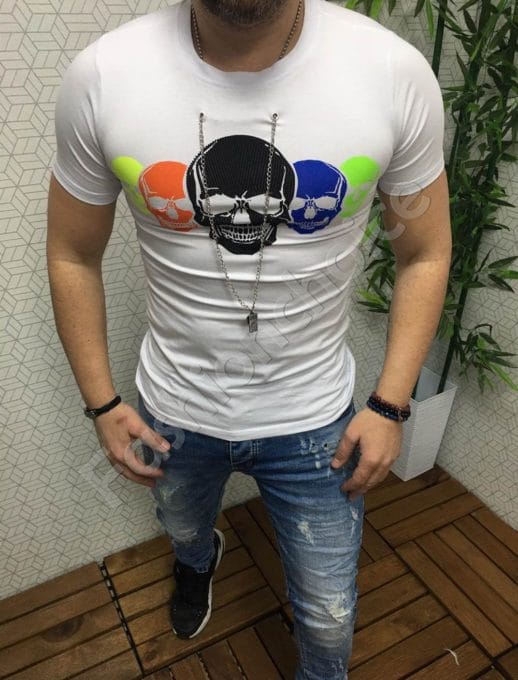 Мъжка тениска с черепчета и ефектен синджир в бяло-код 797-1