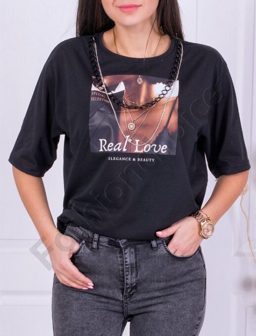 Oversize тениска Real love в черно със синджир-код 1131-2