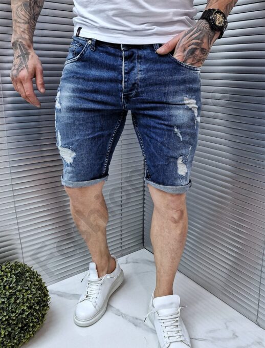 Мъжки къси сини дънки с накъсване и избелване-код 2737