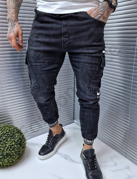 Мъжки черни джогър дънки с надпис Denim-код 707
