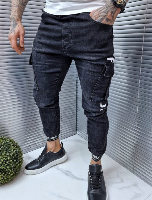 Мъжки черни джогър дънки с надпис Denim-код 707