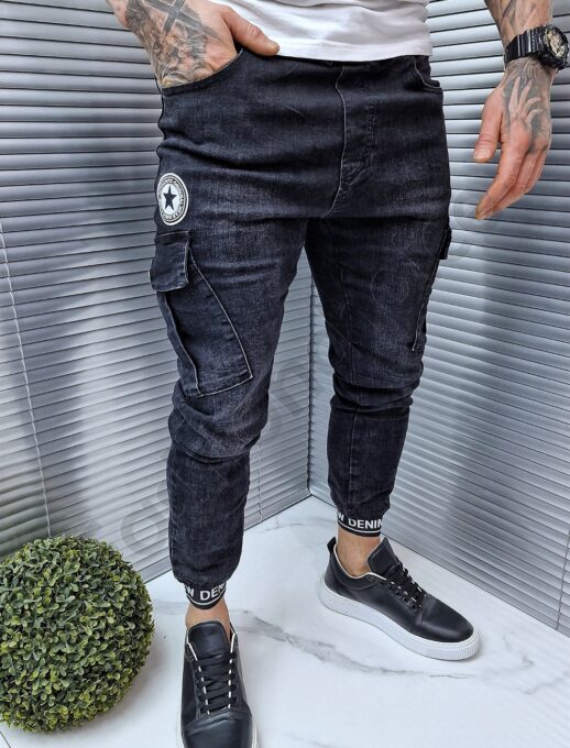 Мъжки черни джогър дънки с надпис Denim-код 707