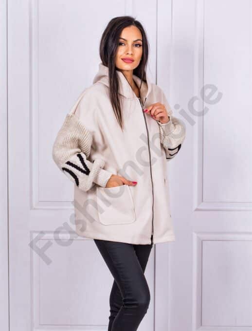 Дамско Oversize палто с плетени ръкави и качулка-капучино-код 22259-1