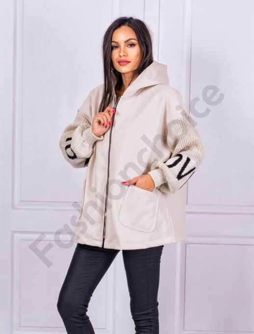 Дамско Oversize палто с плетени ръкави и качулка-капучино-код 22259-1