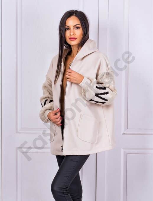 Дамско Oversize палто с плетени ръкави и качулка-капучино-код 22259-1
