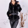 Дамско кожено палто с качулк и еко косъм-черно Код 852