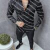 Стилна мъжка риза в черно с бели надписи-код 2930