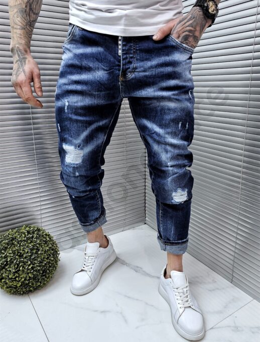 Мъжки накъсани тъмносини дънки с изтъркан ефект /32-42/-код 107