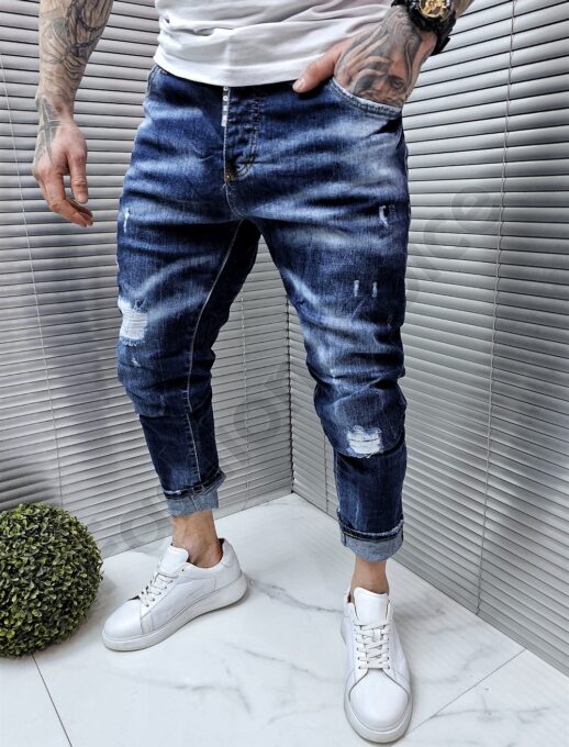Мъжки накъсани тъмносини дънки с изтъркан ефект /32-42/-код 107