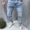 Мъжки светлосини дънки Skinny Fit с накъсване и кръпки-код 17623
