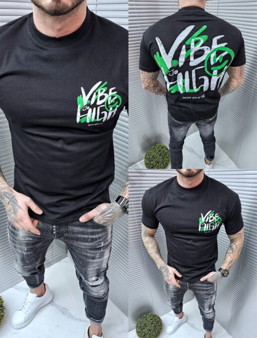 Mъжка тениска с цветен надпис Vibe-черно-код 241350