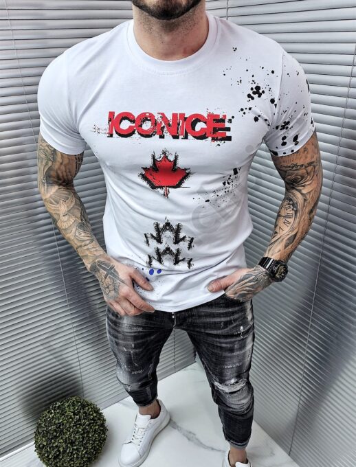 Mъжка тениска с напръскан десен и надпис Iconice-бяло-код 241350-25