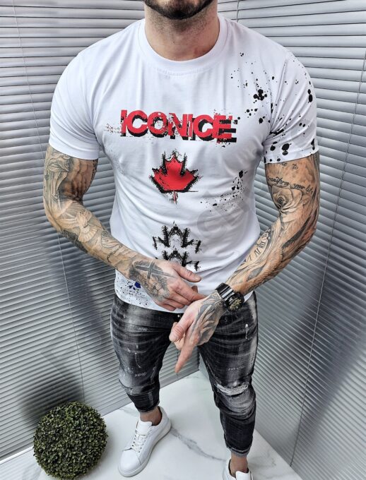 Mъжка тениска с напръскан десен и надпис Iconice-бяло-код 241350-25