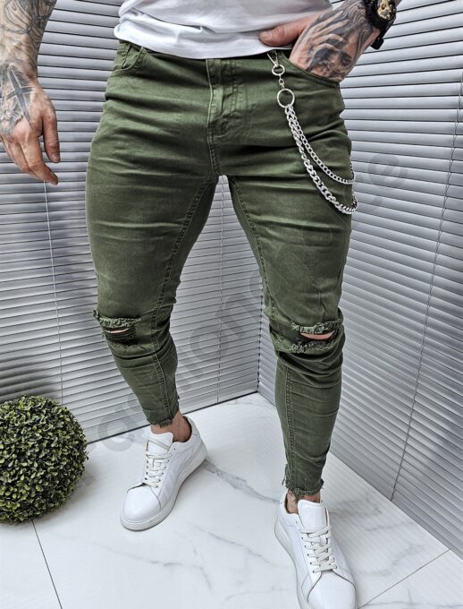 Мъжки дънки Skinny Fit с разнищен ефект в цвят каки-код 78122-XB