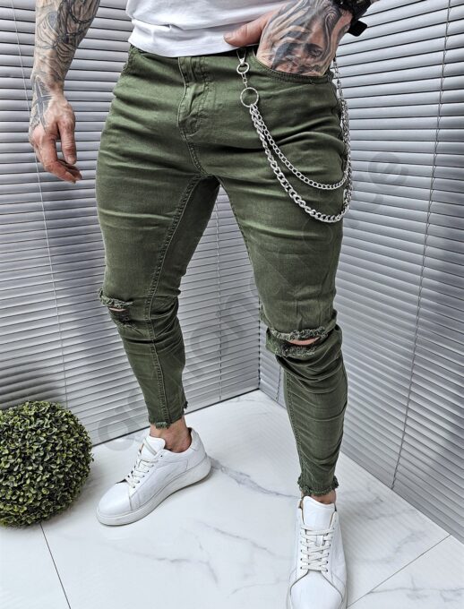 Мъжки дънки Skinny Fit с разнищен ефект в цвят каки-код 78122-XB