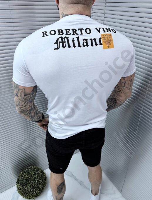 Mъжка тениска с гумирана емблема и надпис Roberto Vino-бяло-код 1354-11