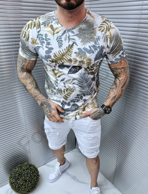 Mъжка тениска в десен на цветни листа-бяло-код 547