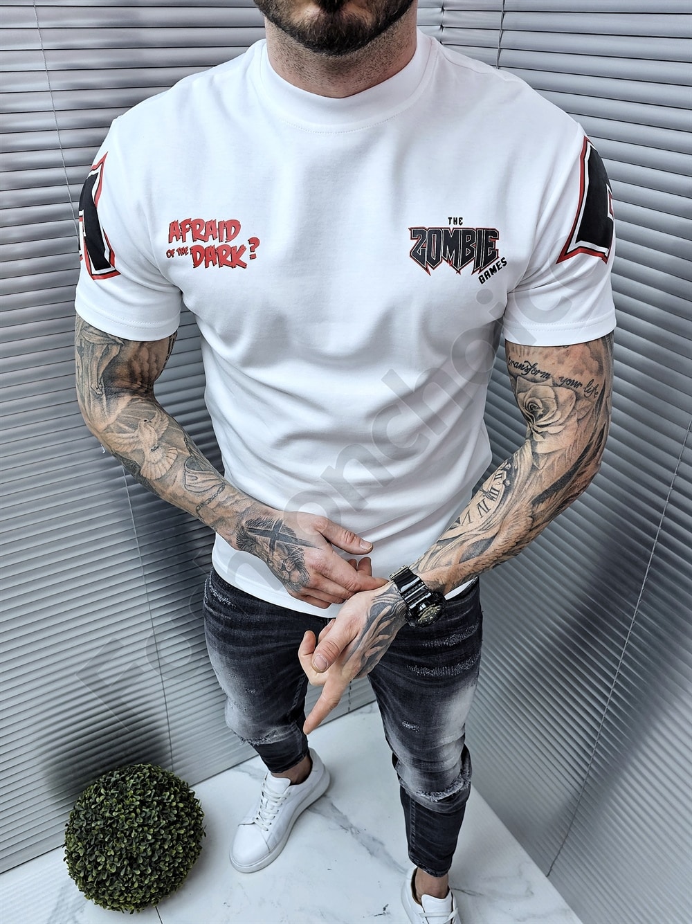 Mъжка oversize тениска с надпис Zombie-черно-код 306