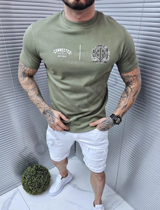 Mъжка Oversize тениска с щампа и бродерия отпред и на гърба-каки-код 328-2