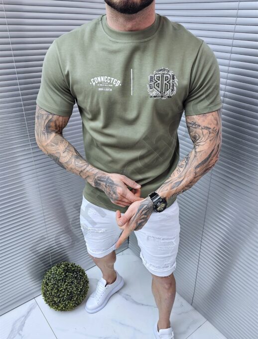 Mъжка Oversize тениска с щампа и бродерия отпред и на гърба-каки-код 328-2