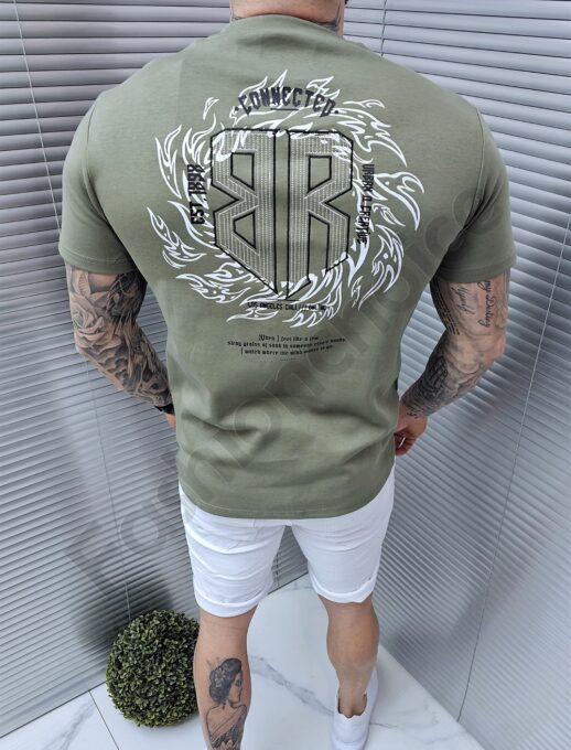 Mъжка Oversize тениска с щампа и бродерия отпред и на гърба-каки-код 328-2