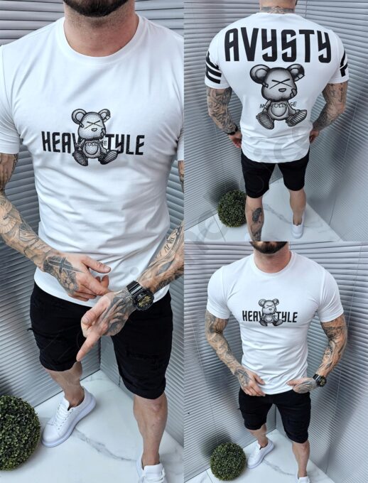 Mъжка тениска с щампа мече и камъчета отпред и на гърба-бяло-код 9899-1