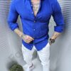 Мъжка casual памучна риза с джоб-кралско синьо-код 1359-11