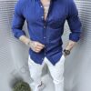 Мъжка casual памучна риза с джоб-синьо-код 1359-8