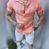 Италианска мъжка риза от 100% лен с къс ръкав-корал-код 9771-4