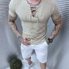 Мъжка блуза от памук и лен с V деколте и връзка-капучино-код 9765-2