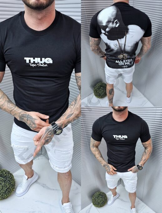 Mъжка тениска с надпис Thug отпред и щампа на гърба-черно-код 7070