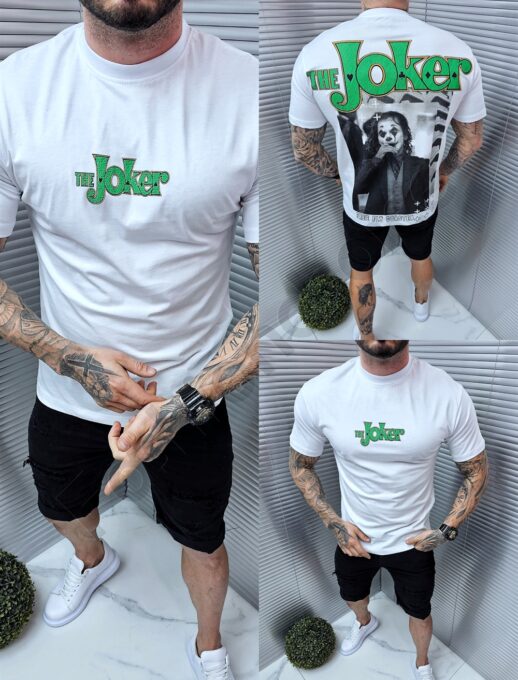 Mъжка Oversize тениска с надпис The Joker отпред и на гърба-бяло-код 3240-1