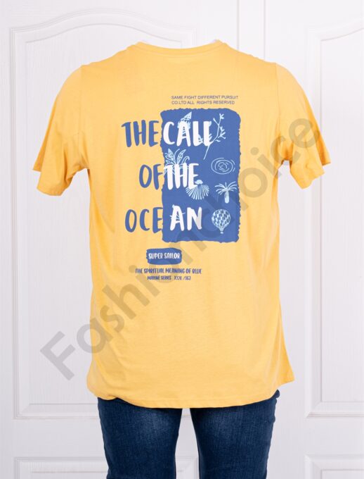 Мъжка макси тениска с надпис The call of the ocean отпред и на гърба-жълто-код 24067-1