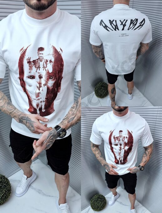Mъжка Oversize тениска с ефектна щампа отпред и на гърба-бяло-код P479-1