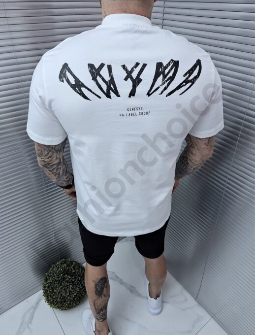 Mъжка Oversize тениска с ефектна щампа отпред и на гърба-бяло-код P479-1
