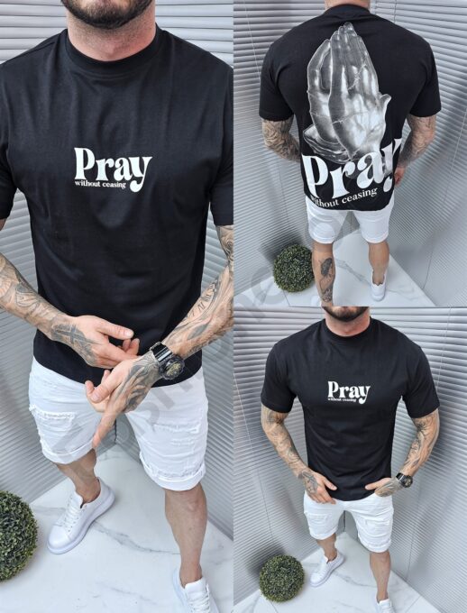 Mъжка Oversize тениска с надпис Pray отпред и на гърба-черно-код 3242