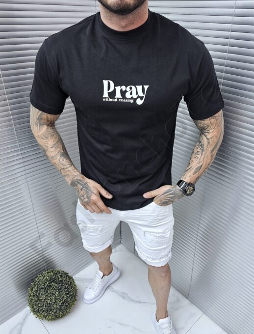 Mъжка Oversize тениска с надпис Pray отпред и на гърба-черно-код 3242