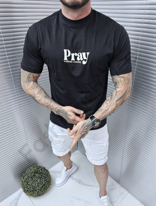 Mъжка Oversize тениска с надпис Pray отпред и на гърба-черно-код 3242