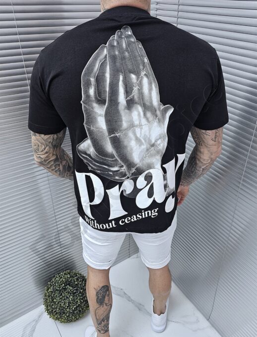 Mъжка Oversize тениска с надпис Pray отпред и на гърба-черно-код 3242