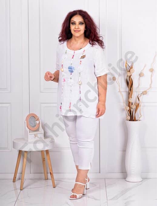 Макси туника от 100% лен с нежна апликация-бяло-код 9630