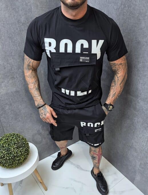 Мъжки летен шушляков комплект с надпис Rock me и карго джобове-черно-код 3075