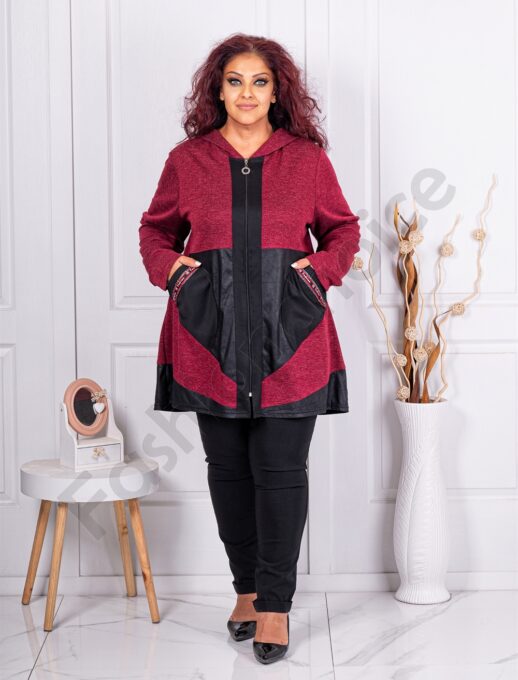 Модерен дамски макси жакет с надписи Fashion-бордо-код 241416-1