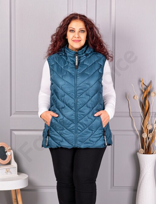 Олекотена дамска макси грейка Fashion с качулка-петрол-код 803-5
