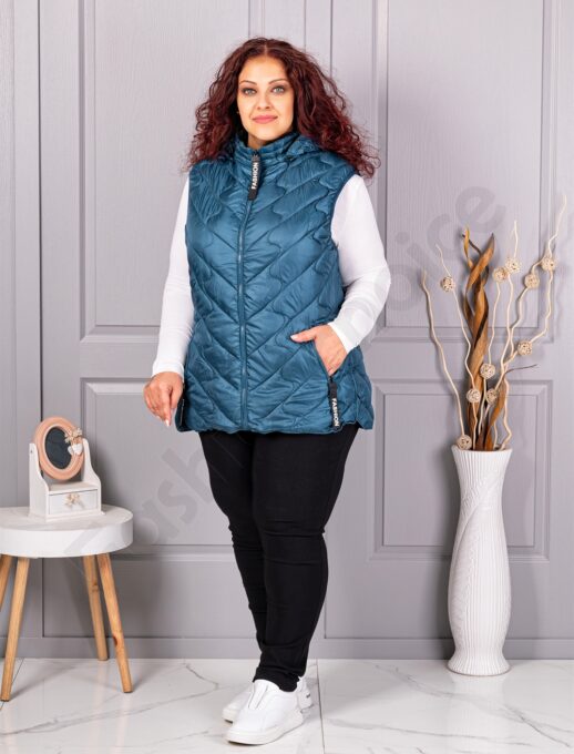 Олекотена дамска макси грейка Fashion с качулка-петрол-код 803-5