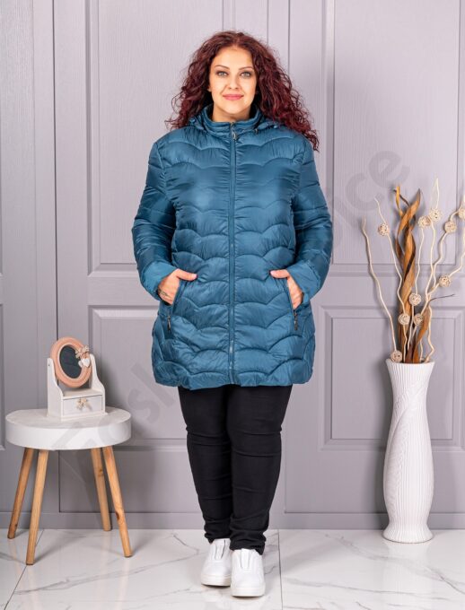 Олекотено дамско макси яке с качулка /4XL-8XL/-петрол-код 811-2