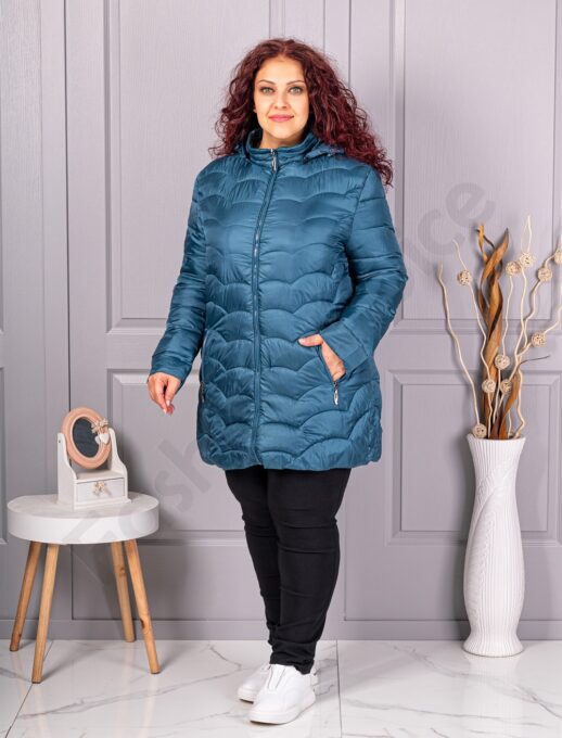 Олекотено дамско макси яке с качулка /4XL-8XL/-петрол-код 811-2