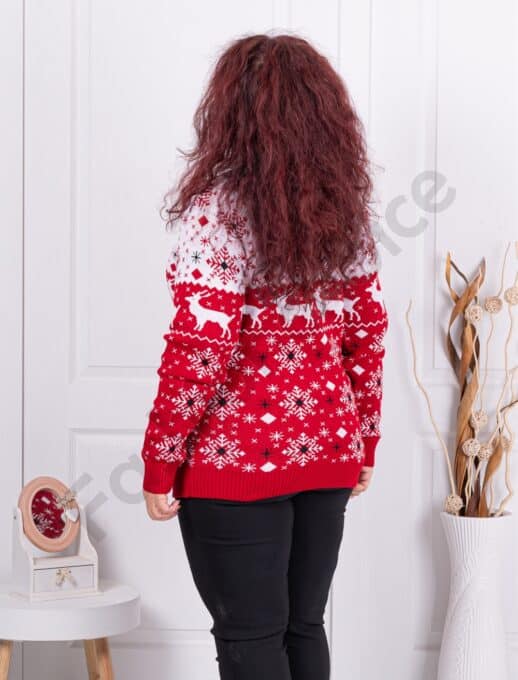 Дамски коледен пуловер с еленчета и снежинки /голям размер/-бяло-код 2360-1