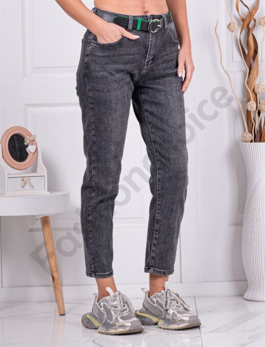 Дамски тъмносиви Mom Fit дънки с колан-код 11470