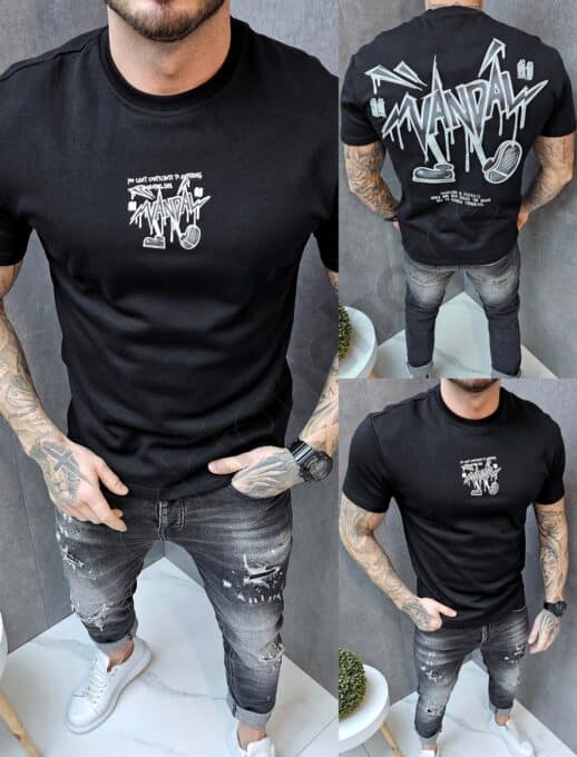 Mъжка Oversize тениска с щампа отпред и на гърба-черно-код 639