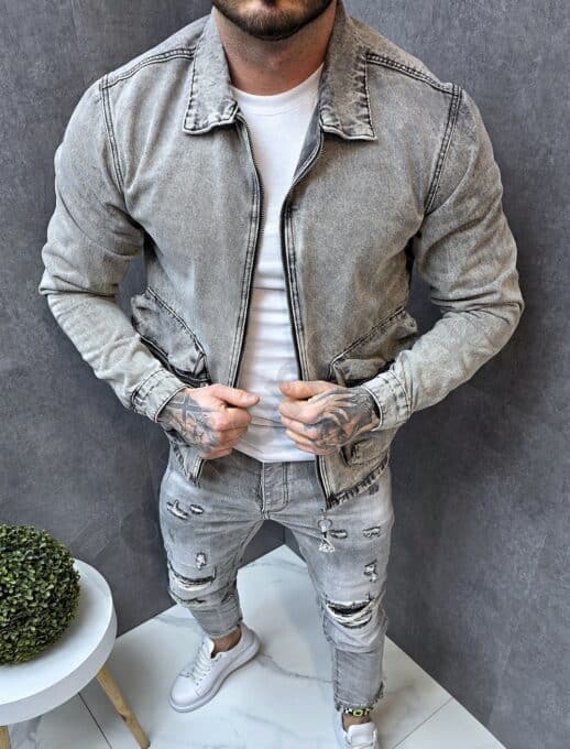 Мъжко Oversize дънково яке сив деним с големи карго джобове-код 8172
